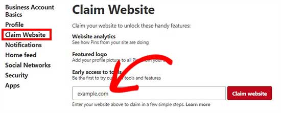 Claim WordPress website on pinterest