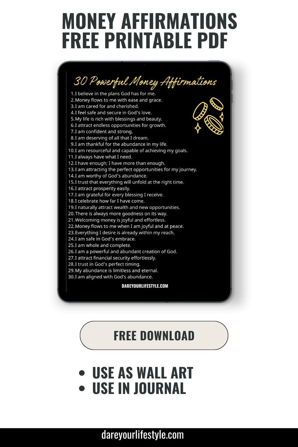  Free  Money Affirmations Printable PDF